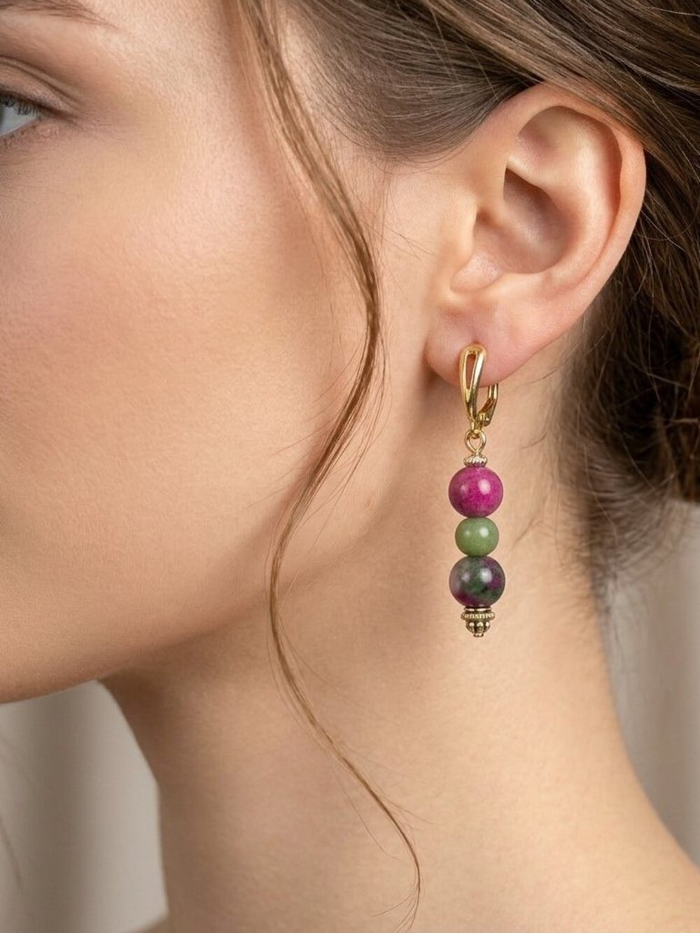 Jade Pink Green Gemstone Earrings